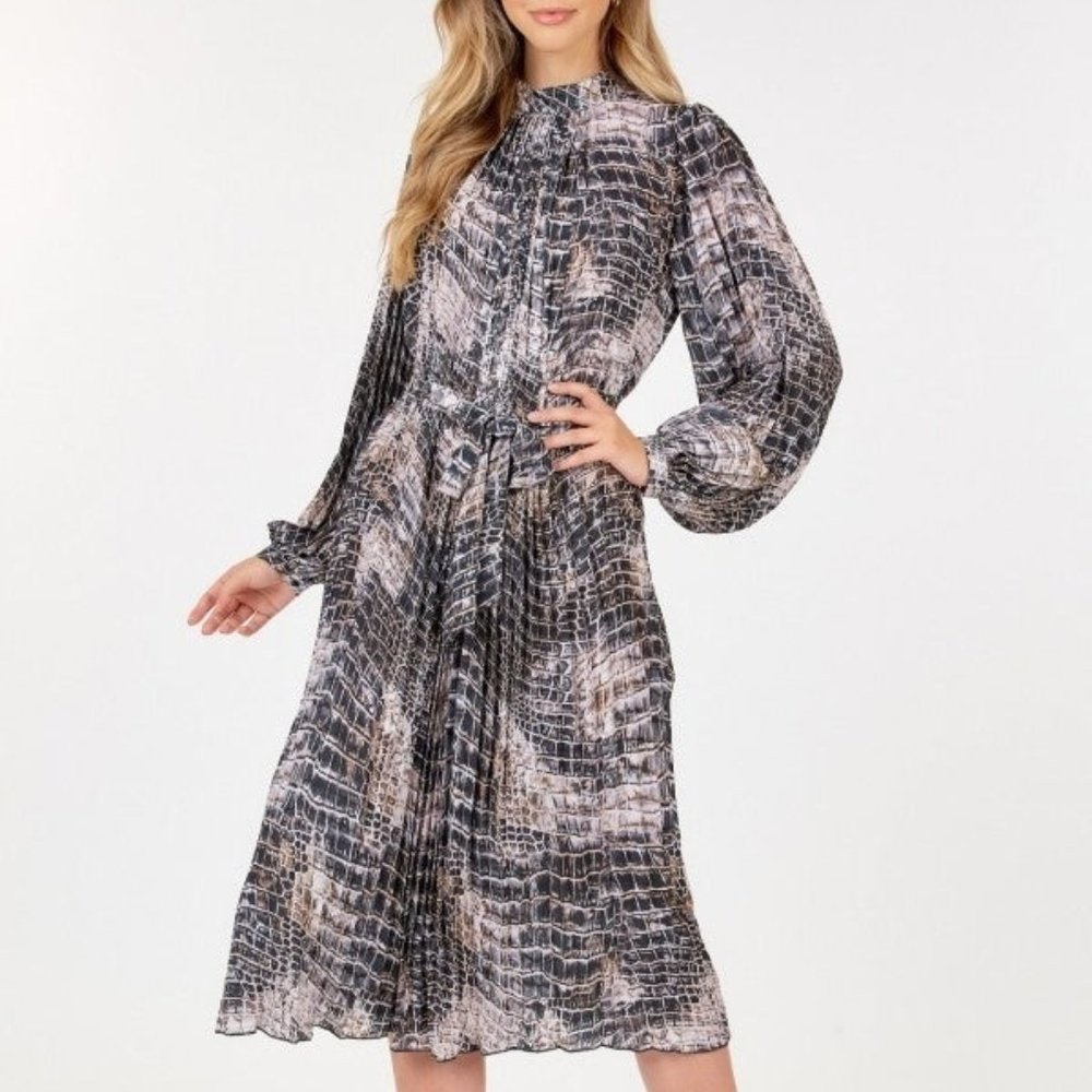 Women's Skin Multi Long Sleeve Pleated Snake Skin Print Valentine Midi Dress NWT
